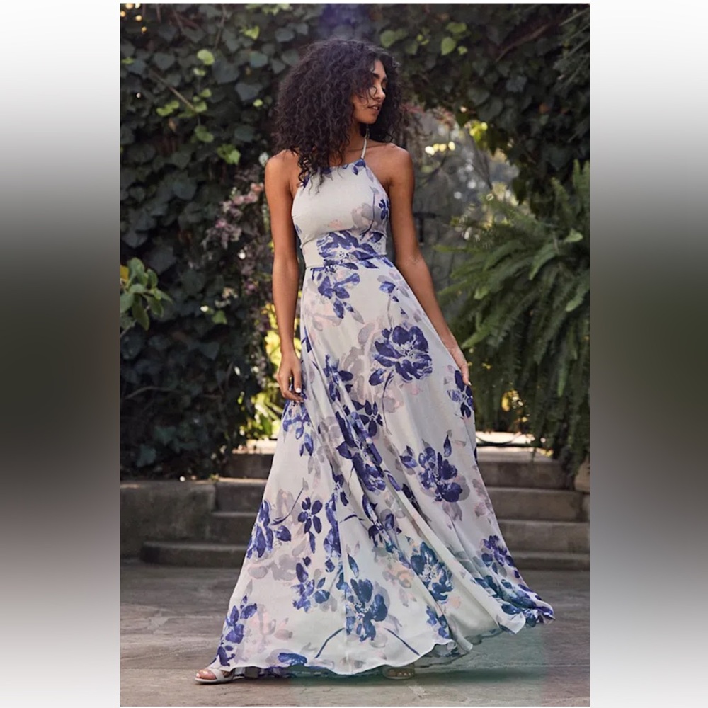 Lulus All I Need Grey Floral Print Lace-Up Maxi Dress Size XS